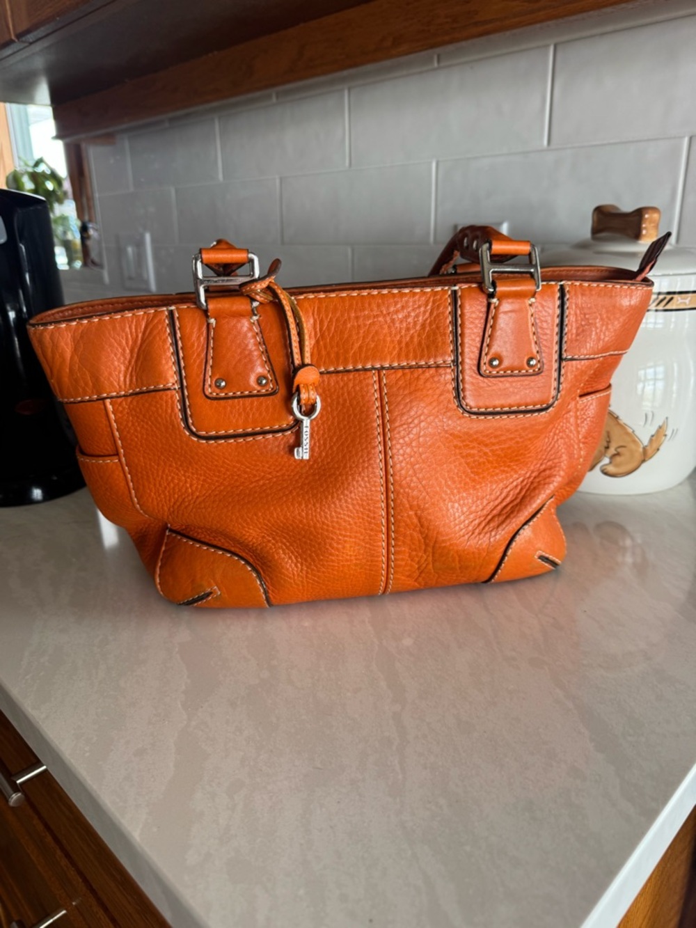 Fossil Orange Leather Tote Handbag